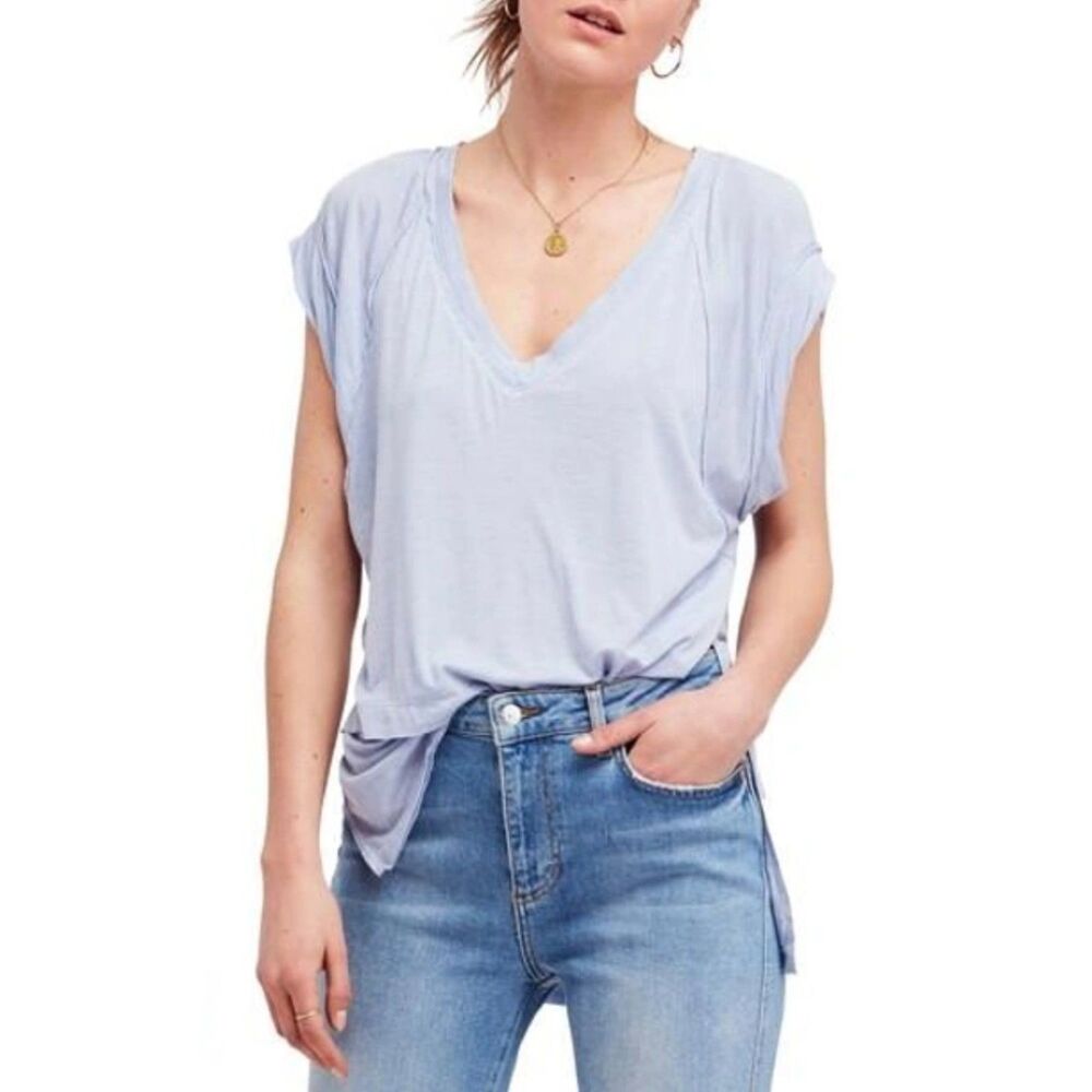 FREE PEOPLE Voyage T-Shirt, Sky, Oversized V-Neck, Sz XS